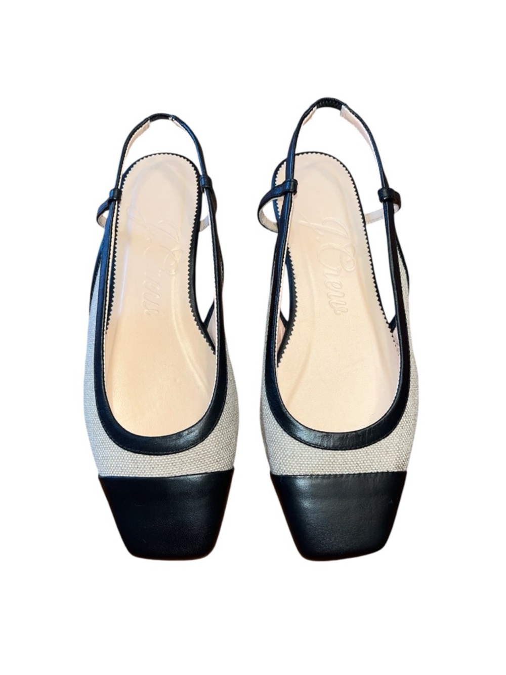 J. Crew Anya Slingback Flat Natural Textile/Black Leather Cap Toe Sandals Size 7